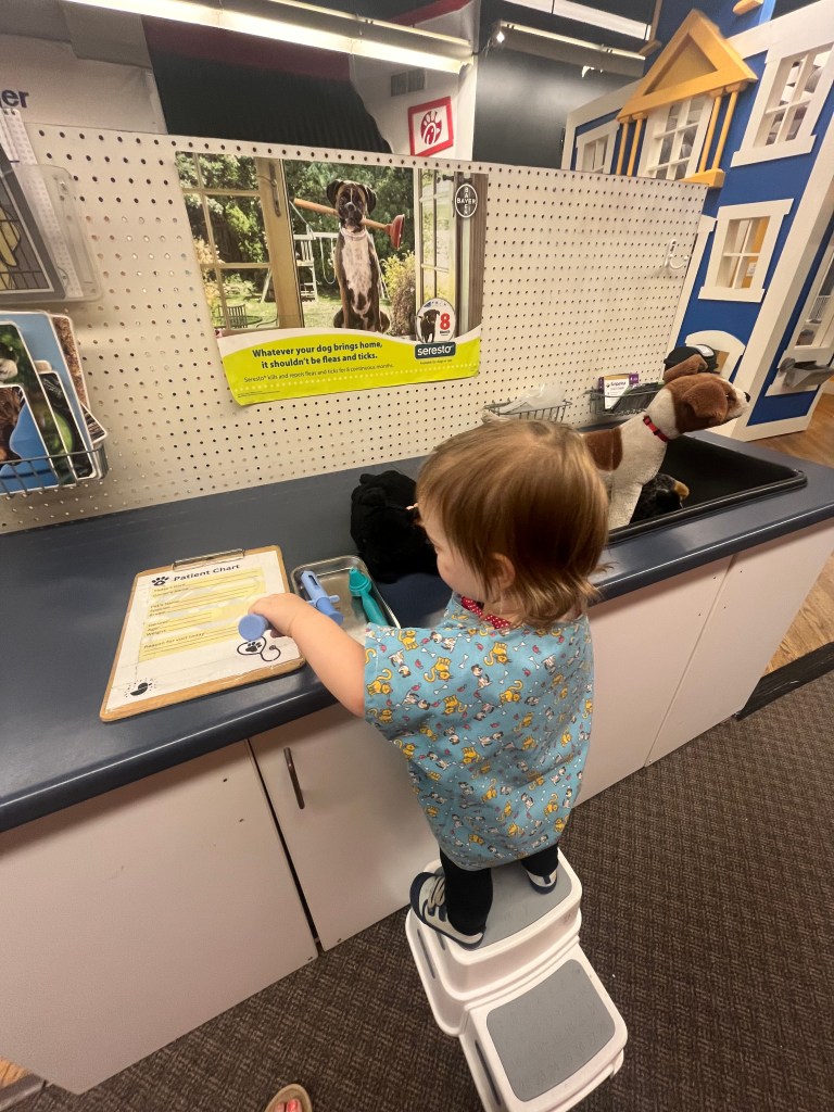 Child playing at the veterinarian station at aMuse'um Children’s Museum while wearing a scrub shirt.