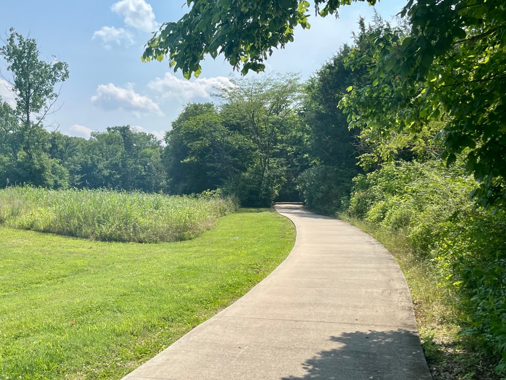 Paved trail at the entrance of Yanahli Park in Columbia Tennessee with trees on one side and grassy areas with decorative plants on the other.