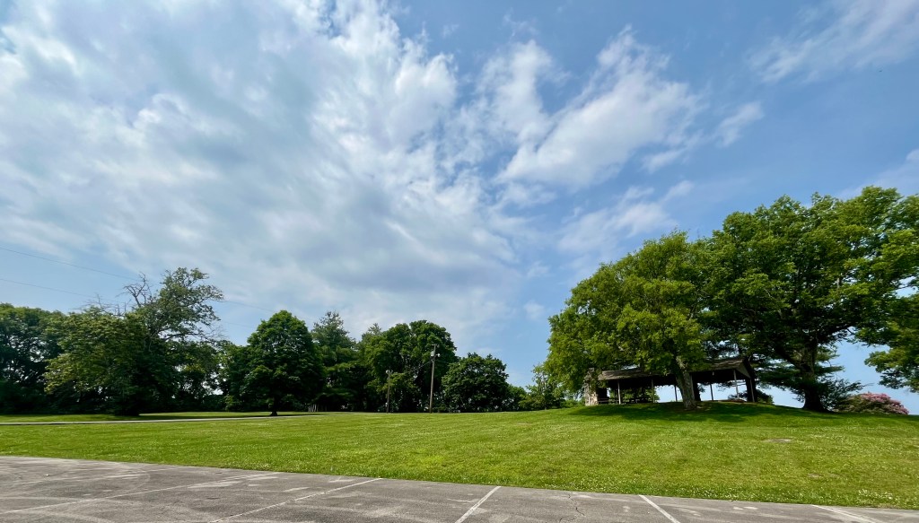 Grassy hill and large tree leading to a pavilion at Eva Gilbert Park in Columbia Tennessee.
