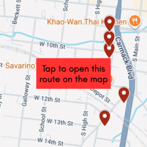 Columbia Arts District mural walk preview map, tap to view this route on the mural map