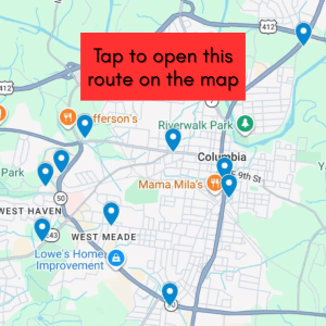 Driving route to Columbia murals preview map, click to open driving mural map layer